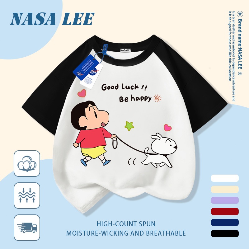[Giao hàng trong ngày] Áo thun Cotton nguyên chất màu xanh trắng cho trẻ em NASA Áo thun Cotton thoáng khí hoạt hình bé trai và chó con in hợp thời trang 3-16 tuổi bé trai bé gái tay ngắn thông thường