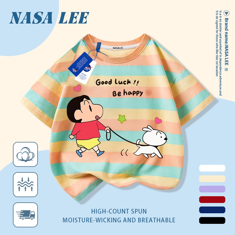 [Giao hàng trong ngày] Áo thun Cotton nguyên chất màu xanh trắng cho trẻ em NASA Áo thun Cotton thoáng khí hoạt hình bé trai và chó con in hợp thời trang 3-16 tuổi bé trai bé gái tay ngắn thông thường