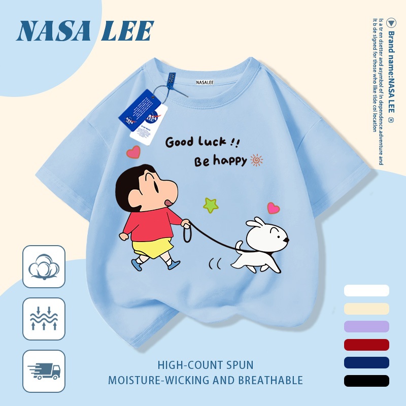 [Giao hàng trong ngày] Áo thun Cotton nguyên chất màu xanh trắng cho trẻ em NASA Áo thun Cotton thoáng khí hoạt hình bé trai và chó con in hợp thời trang 3-16 tuổi bé trai bé gái tay ngắn thông thường