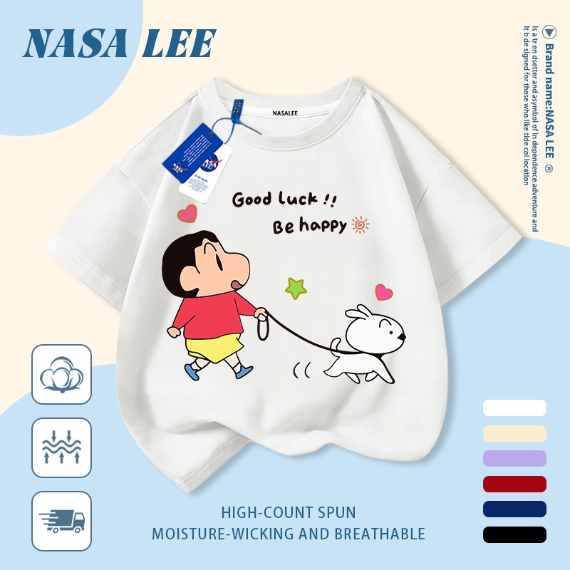 [Giao hàng trong ngày] Áo thun Cotton nguyên chất màu xanh trắng cho trẻ em NASA Áo thun Cotton thoáng khí hoạt hình bé trai và chó con in hợp thời trang 3-16 tuổi bé trai bé gái tay ngắn thông thường