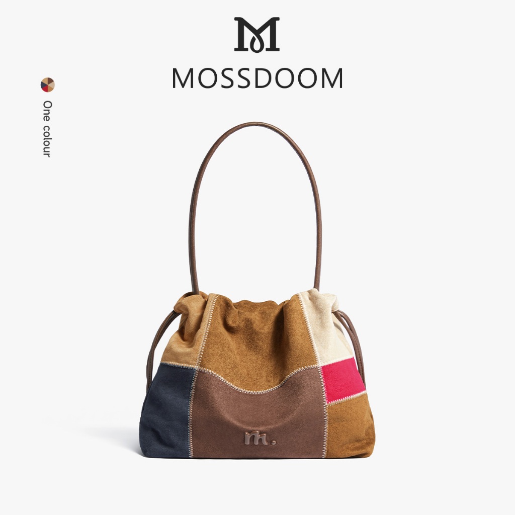 MOSSDOOM Ruvi Bag Túi Tote Da Lộn Chặn Màu Có Dây Rút Đóng Cửa Dung Tích Lớn Phong Cách Retro Đa Năng Để Đi Lại