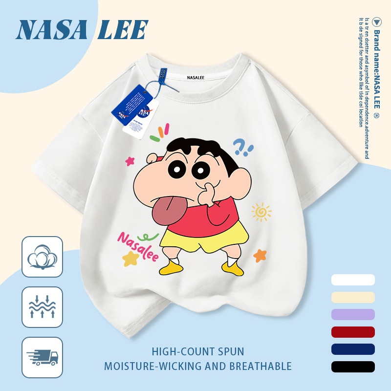 [Giao hàng trong ngày] Áo thun Cotton trắng nguyên chất thoáng khí cho trẻ em NASA Phim hoạt hình Crayon Shin-Chan In hợp thời trang 3-16 tuổi Bé trai bé gái tay ngắn thông thường