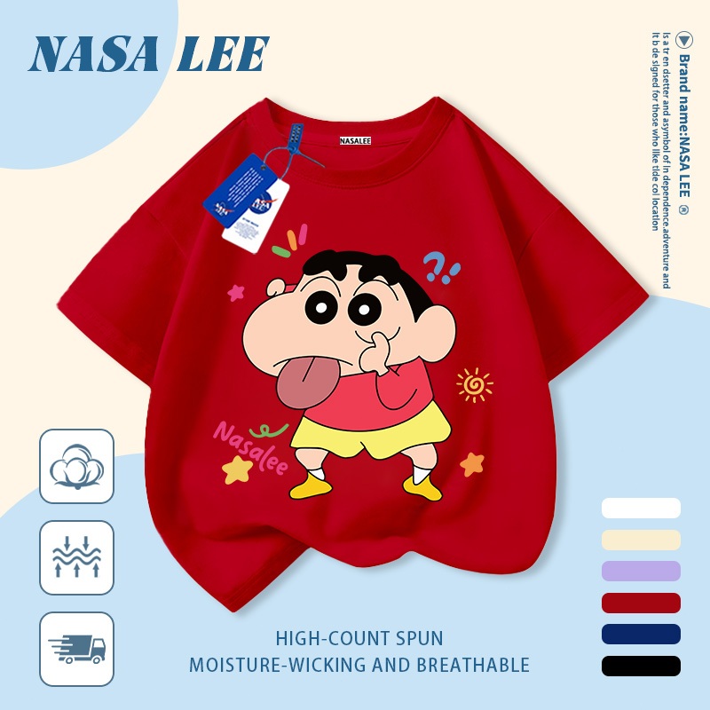 [Giao hàng trong ngày] Áo thun Cotton trắng nguyên chất thoáng khí cho trẻ em NASA Phim hoạt hình Crayon Shin-Chan In hợp thời trang 3-16 tuổi Bé trai bé gái tay ngắn thông thường