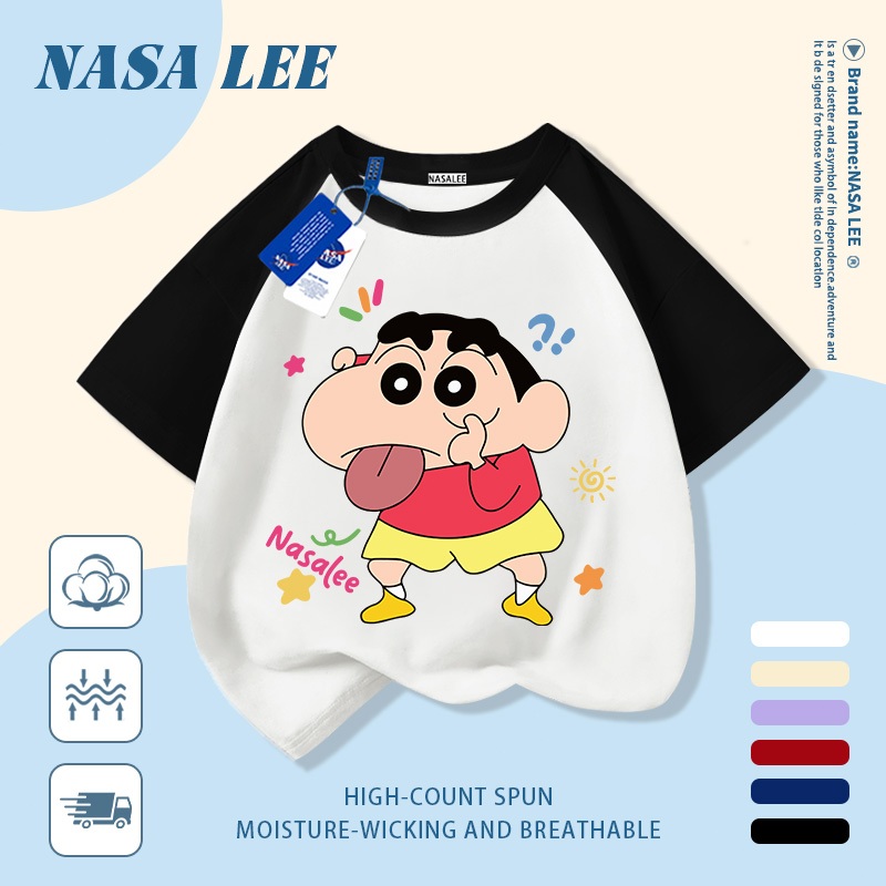 [Giao hàng trong ngày] Áo thun Cotton trắng nguyên chất thoáng khí cho trẻ em NASA Phim hoạt hình Crayon Shin-Chan In hợp thời trang 3-16 tuổi Bé trai bé gái tay ngắn thông thường