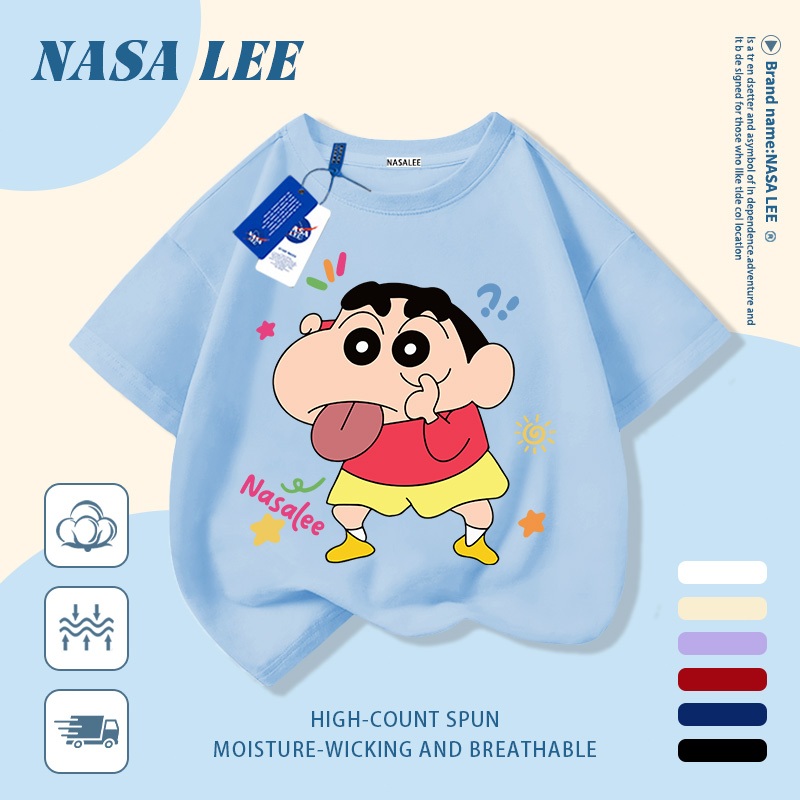 [Giao hàng trong ngày] Áo thun Cotton trắng nguyên chất thoáng khí cho trẻ em NASA Phim hoạt hình Crayon Shin-Chan In hợp thời trang 3-16 tuổi Bé trai bé gái tay ngắn thông thường