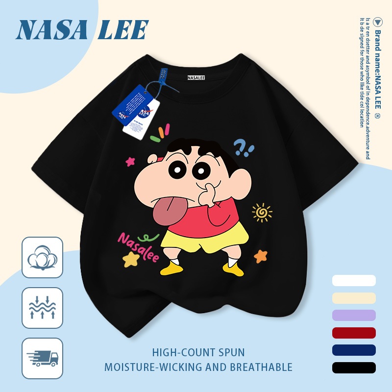 [Giao hàng trong ngày] Áo thun Cotton trắng nguyên chất thoáng khí cho trẻ em NASA Phim hoạt hình Crayon Shin-Chan In hợp thời trang 3-16 tuổi Bé trai bé gái tay ngắn thông thường