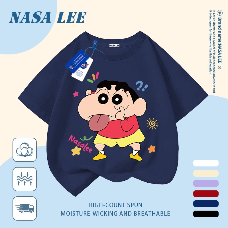 [Giao hàng trong ngày] Áo thun Cotton trắng nguyên chất thoáng khí cho trẻ em NASA Phim hoạt hình Crayon Shin-Chan In hợp thời trang 3-16 tuổi Bé trai bé gái tay ngắn thông thường