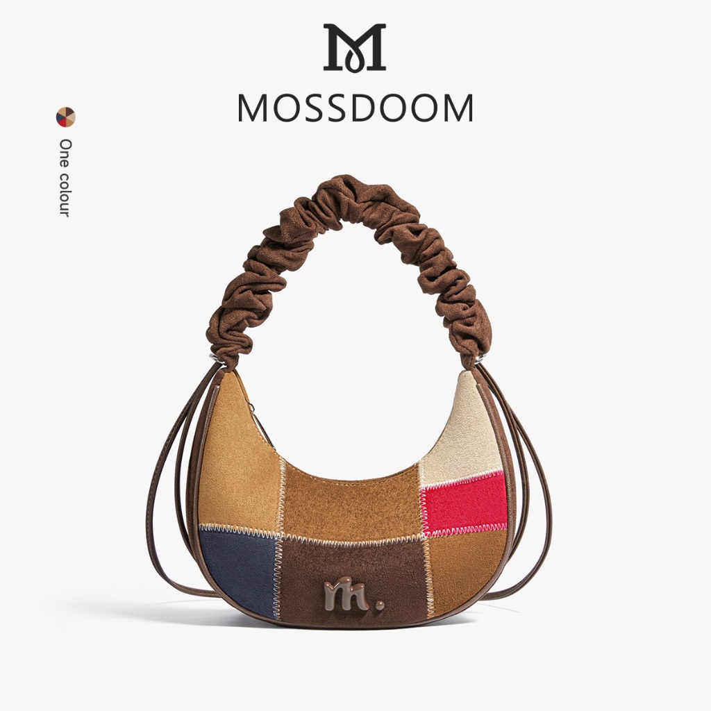 MOSSDOOM Velvie Bag Túi đeo vai da lộn hình mặt trăng phong cách cổ điển có tay cầm xếp li mềm có thể đeo vai hoặc túi đeo chéo