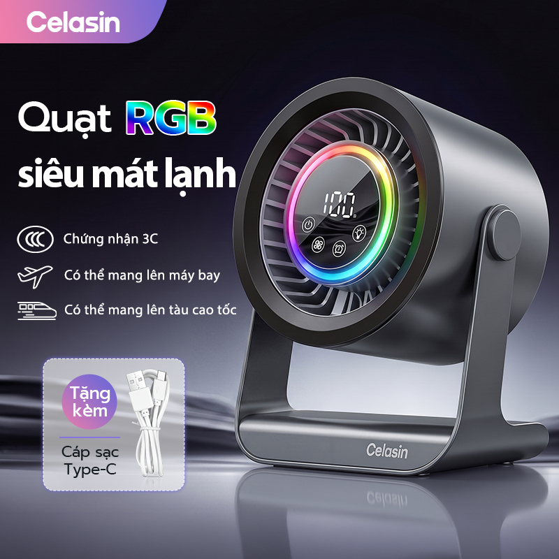 Quạt Để Bàn Cao Tốc 2026,RGB, 3 Tốc Độ, Hẹn Giờ, Cảm Ứng, Sạc Nhanh, Quạt Type-C Văn Phòng