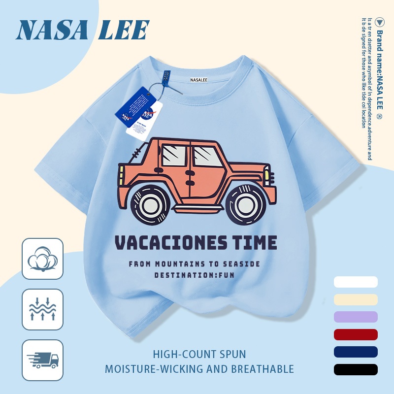[Giao hàng trong ngày] Áo thun Cotton nguyên chất màu đen trắng cho trẻ em NASA Áo thun Cotton thoáng khí hoạt hình in xu hướng xe hơi 3-16 tuổi bé trai bé gái tay ngắn thông thường