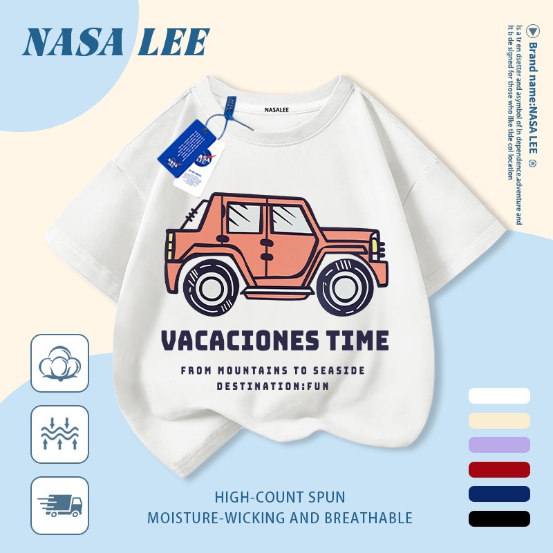 [Giao hàng trong ngày] Áo thun Cotton nguyên chất màu đen trắng cho trẻ em NASA Áo thun Cotton thoáng khí hoạt hình in xu hướng xe hơi 3-16 tuổi bé trai bé gái tay ngắn thông thường