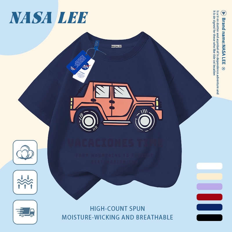 [Giao hàng trong ngày] Áo thun Cotton nguyên chất màu đen trắng cho trẻ em NASA Áo thun Cotton thoáng khí hoạt hình in xu hướng xe hơi 3-16 tuổi bé trai bé gái tay ngắn thông thường