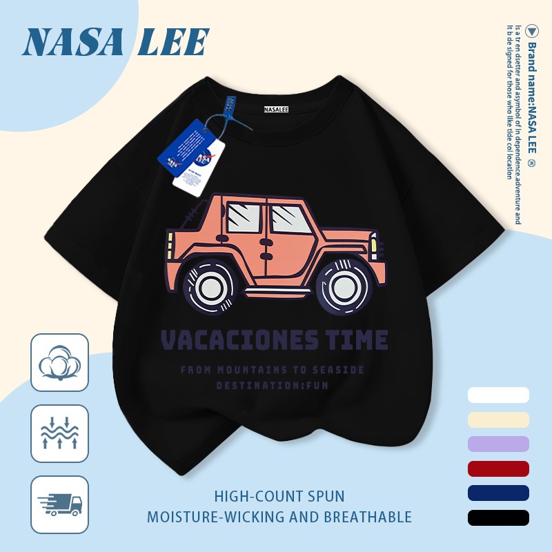 [Giao hàng trong ngày] Áo thun Cotton nguyên chất màu đen trắng cho trẻ em NASA Áo thun Cotton thoáng khí hoạt hình in xu hướng xe hơi 3-16 tuổi bé trai bé gái tay ngắn thông thường