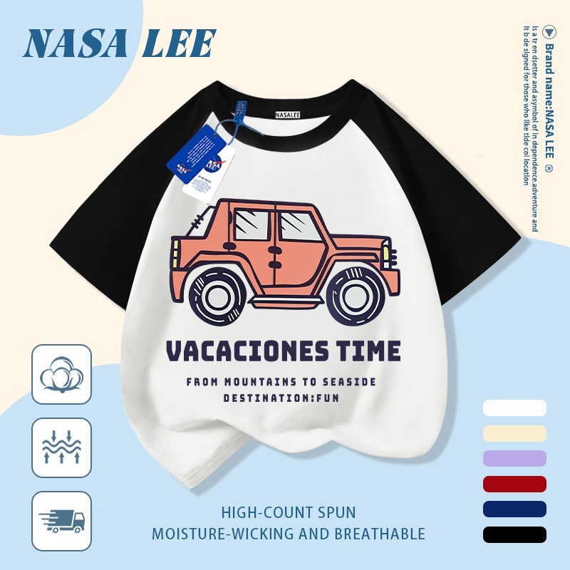 [Giao hàng trong ngày] Áo thun Cotton nguyên chất màu đen trắng cho trẻ em NASA Áo thun Cotton thoáng khí hoạt hình in xu hướng xe hơi 3-16 tuổi bé trai bé gái tay ngắn thông thường