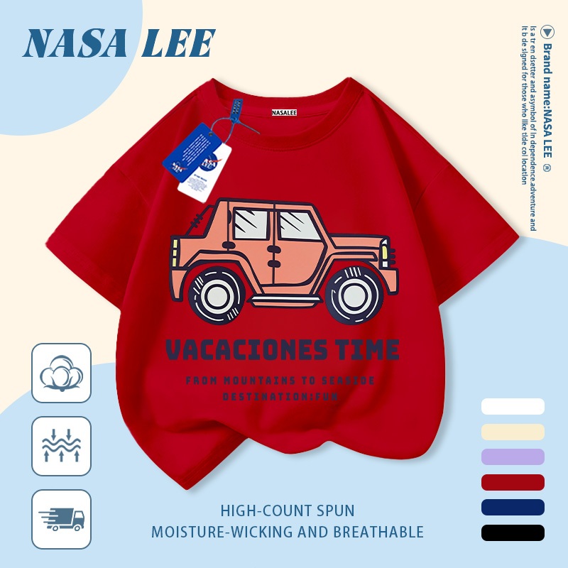 [Giao hàng trong ngày] Áo thun Cotton nguyên chất màu đen trắng cho trẻ em NASA Áo thun Cotton thoáng khí hoạt hình in xu hướng xe hơi 3-16 tuổi bé trai bé gái tay ngắn thông thường