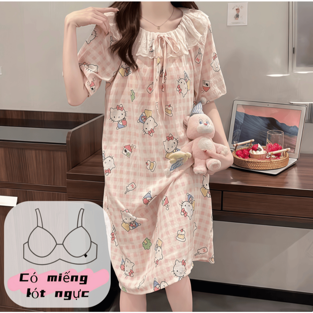 【có miếng độn ngực】Đầm ngủ nữ xuân hè mới – Cổ tròn đính ren – Chất cotton dễ thương – In họa tiết ngọt ngào – Phong cách công chúa xinh xắn – Thoáng mát mặc nhà – Có thể mặc ra ngoài