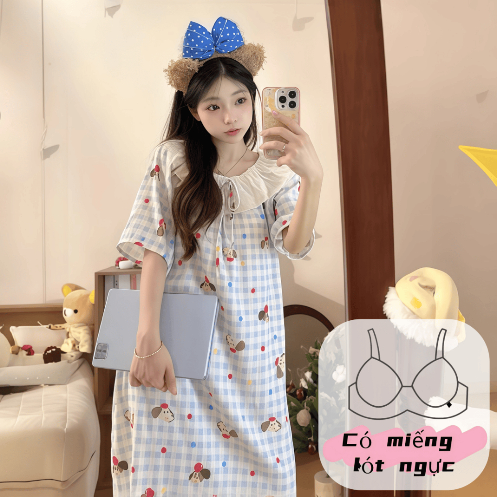 【có miếng độn ngực】Đầm ngủ nữ xuân hè mới – Cổ tròn đính ren – Chất cotton dễ thương – In họa tiết ngọt ngào – Phong cách công chúa xinh xắn – Thoáng mát mặc nhà – Có thể mặc ra ngoài