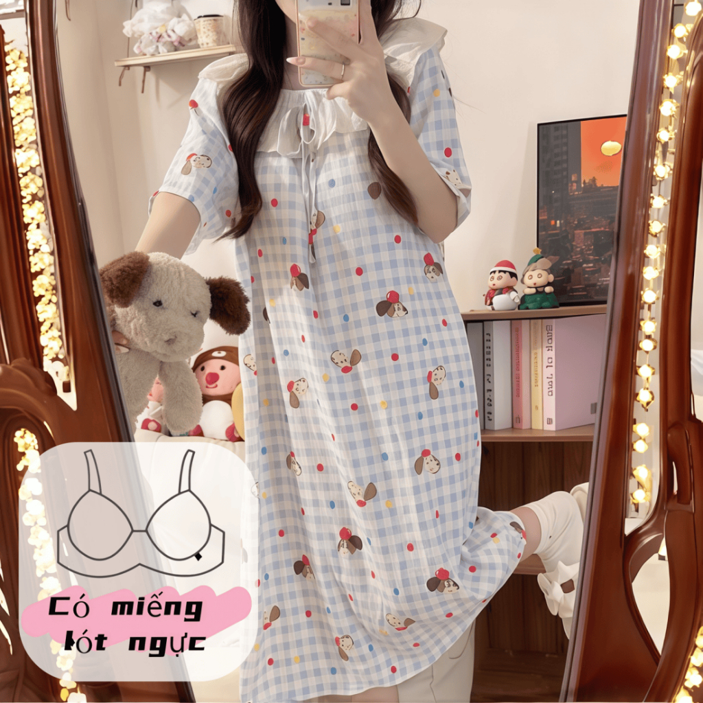 【có miếng độn ngực】Đầm ngủ nữ xuân hè mới – Cổ tròn đính ren – Chất cotton dễ thương – In họa tiết ngọt ngào – Phong cách công chúa xinh xắn – Thoáng mát mặc nhà – Có thể mặc ra ngoài