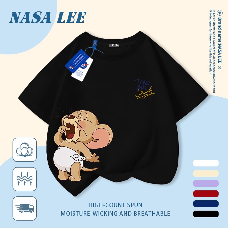 [Giao hàng trong ngày] Áo thun Cotton nguyên chất màu xanh hải quân cho trẻ em NASA Áo thun Cotton thoáng khí hoạt hình Chuột dễ thương In hợp thời trang 3-16 tuổi Bé trai bé gái tay ngắn thông thường