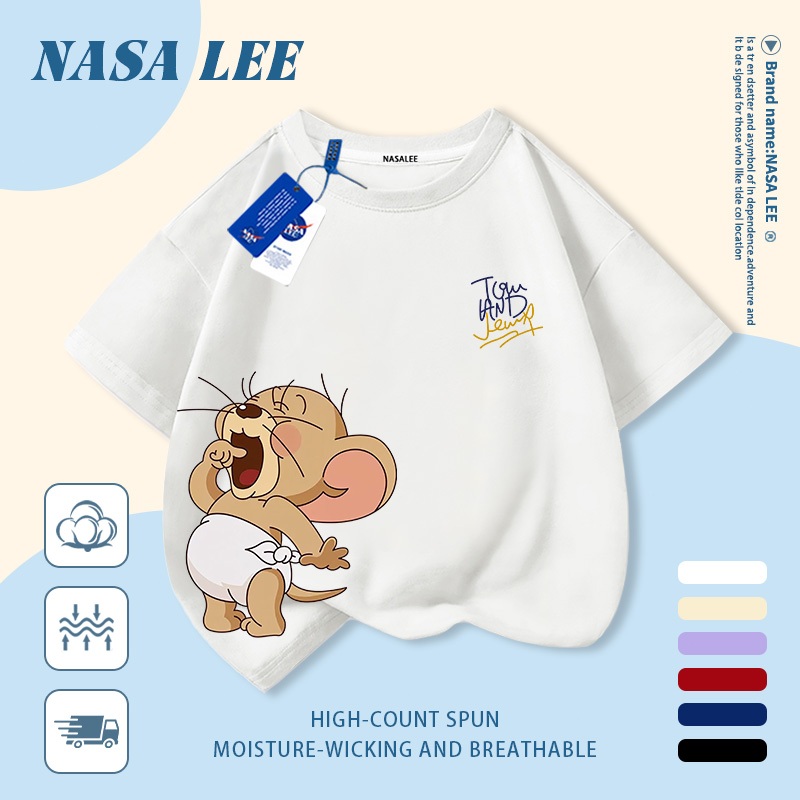 [Giao hàng trong ngày] Áo thun Cotton nguyên chất màu xanh hải quân cho trẻ em NASA Áo thun Cotton thoáng khí hoạt hình Chuột dễ thương In hợp thời trang 3-16 tuổi Bé trai bé gái tay ngắn thông thường