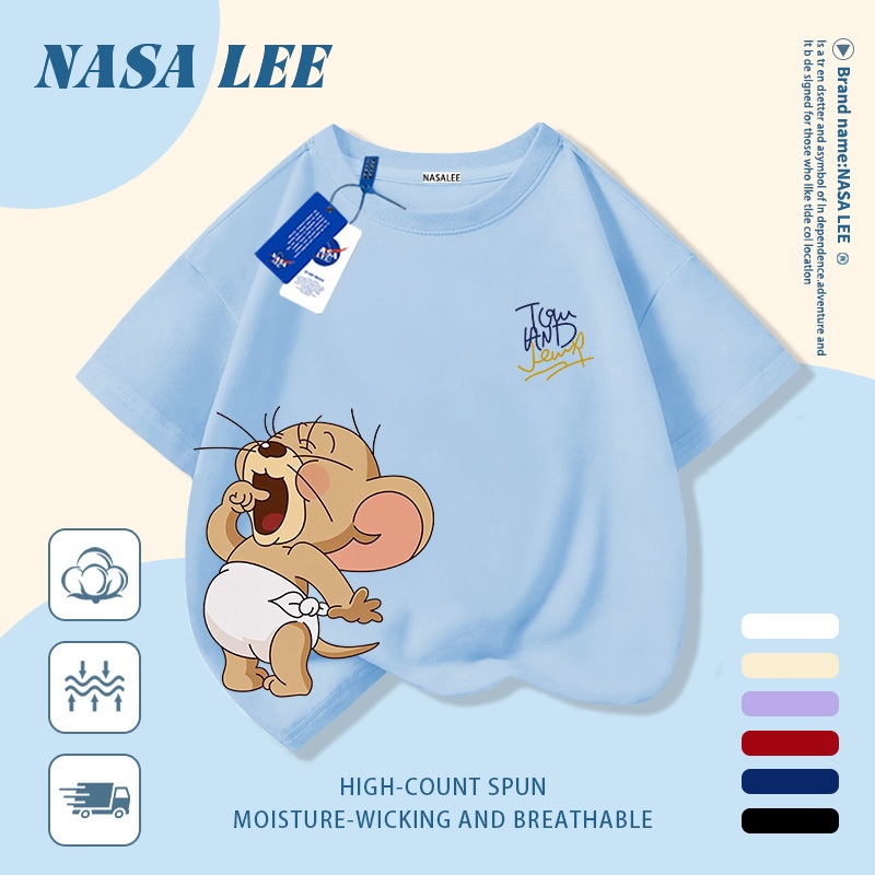 [Giao hàng trong ngày] Áo thun Cotton nguyên chất màu xanh hải quân cho trẻ em NASA Áo thun Cotton thoáng khí hoạt hình Chuột dễ thương In hợp thời trang 3-16 tuổi Bé trai bé gái tay ngắn thông thường