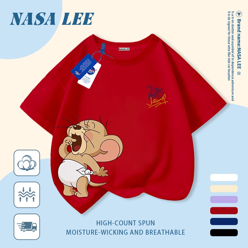[Giao hàng trong ngày] Áo thun Cotton nguyên chất màu xanh hải quân cho trẻ em NASA Áo thun Cotton thoáng khí hoạt hình Chuột dễ thương In hợp thời trang 3-16 tuổi Bé trai bé gái tay ngắn thông thường