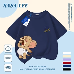 Áo thun Cotton nguyên chất màu xanh hải quân cho trẻ em NASA Áo thun Cotton thoáng khí hoạt hình Chuột dễ thương In hợp thời trang 3-16 tuổi Bé trai bé gái tay ngắn thông thường