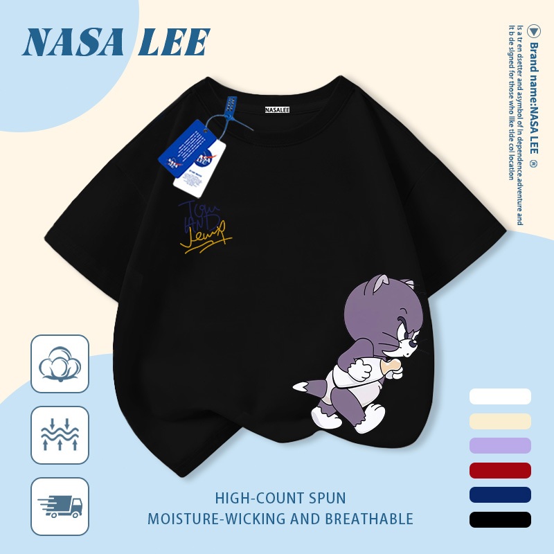 [Giao hàng trong ngày] Áo thun Cotton nguyên chất màu trắng cho trẻ em NASA Áo thun Cotton thoáng khí hoạt hình mèo in hợp thời trang 3-16 tuổi bé trai bé gái tay ngắn thông thường