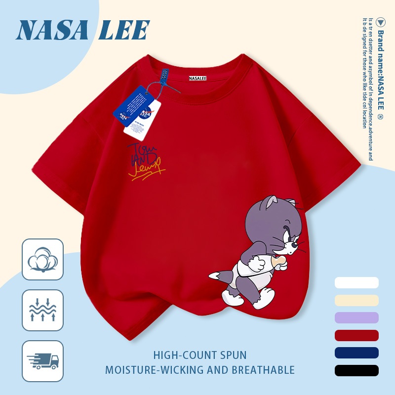 [Giao hàng trong ngày] Áo thun Cotton nguyên chất màu trắng cho trẻ em NASA Áo thun Cotton thoáng khí hoạt hình mèo in hợp thời trang 3-16 tuổi bé trai bé gái tay ngắn thông thường