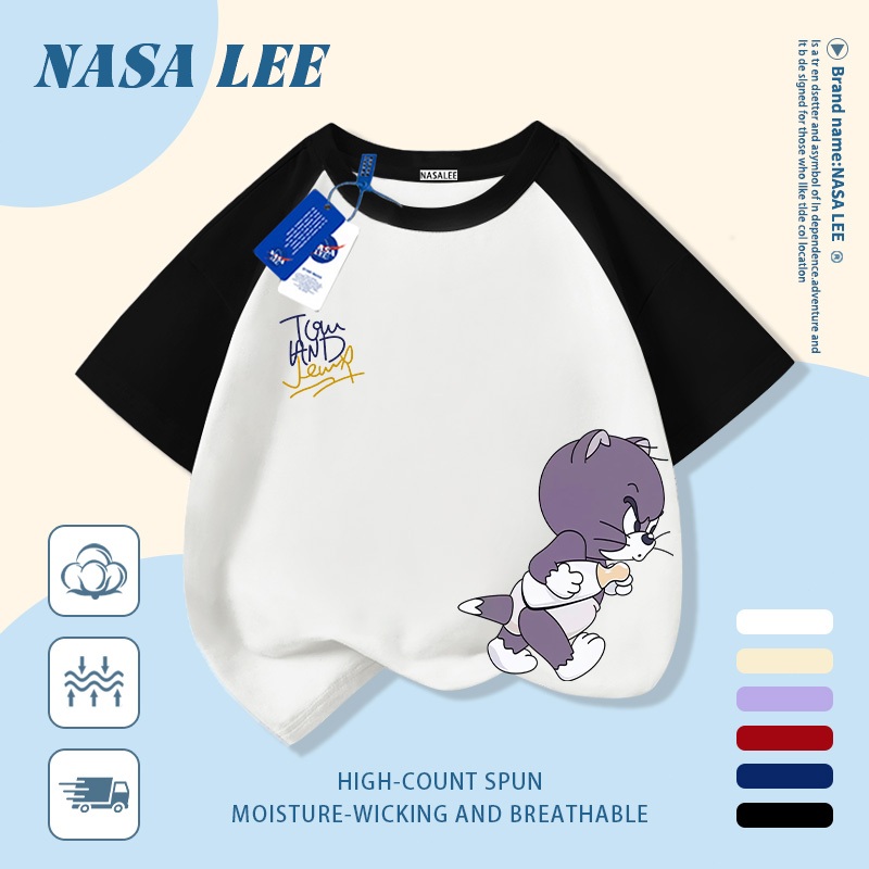 [Giao hàng trong ngày] Áo thun Cotton nguyên chất màu trắng cho trẻ em NASA Áo thun Cotton thoáng khí hoạt hình mèo in hợp thời trang 3-16 tuổi bé trai bé gái tay ngắn thông thường