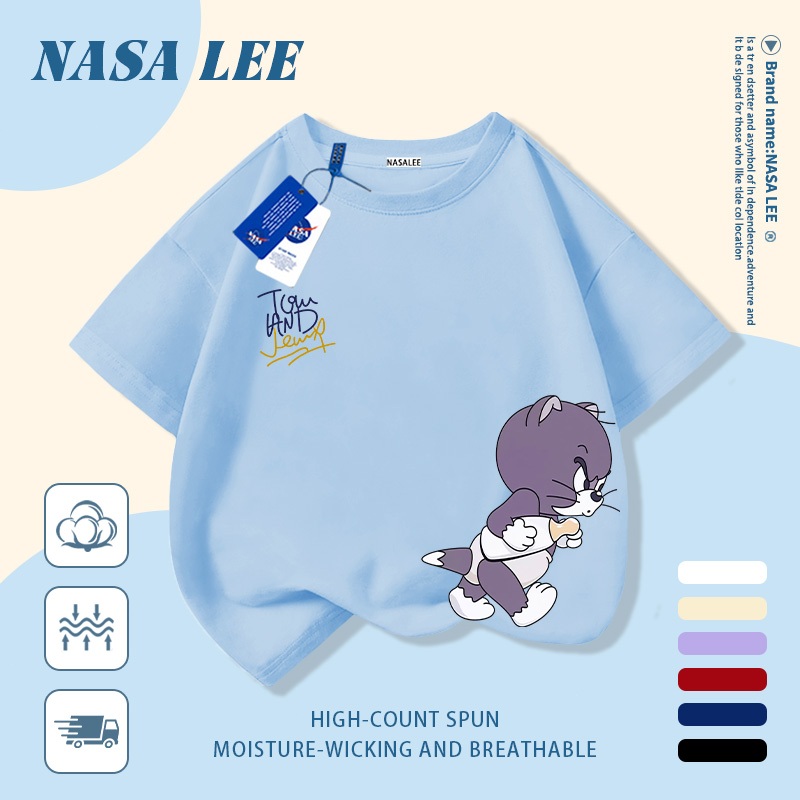 [Giao hàng trong ngày] Áo thun Cotton nguyên chất màu trắng cho trẻ em NASA Áo thun Cotton thoáng khí hoạt hình mèo in hợp thời trang 3-16 tuổi bé trai bé gái tay ngắn thông thường