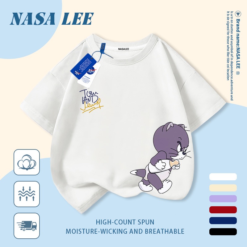 [Giao hàng trong ngày] Áo thun Cotton nguyên chất màu trắng cho trẻ em NASA Áo thun Cotton thoáng khí hoạt hình mèo in hợp thời trang 3-16 tuổi bé trai bé gái tay ngắn thông thường