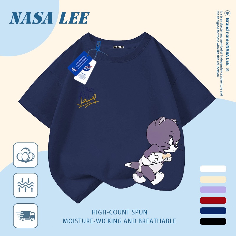 [Giao hàng trong ngày] Áo thun Cotton nguyên chất màu trắng cho trẻ em NASA Áo thun Cotton thoáng khí hoạt hình mèo in hợp thời trang 3-16 tuổi bé trai bé gái tay ngắn thông thường