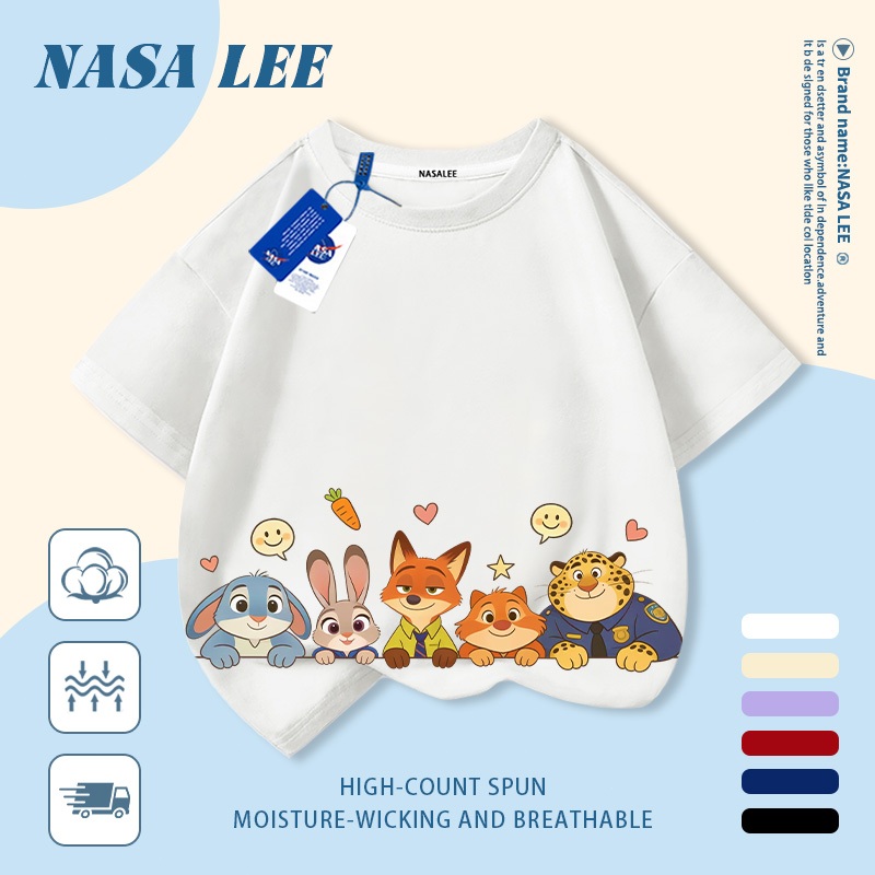 [Giao hàng trong ngày] Áo thun Cotton nguyên chất màu xanh hải quân cho trẻ em NASA Áo thun Cotton thoáng khí hoạt hình thành phố động vật in hợp thời trang 3-16 tuổi bé trai bé gái tay ngắn thông thường