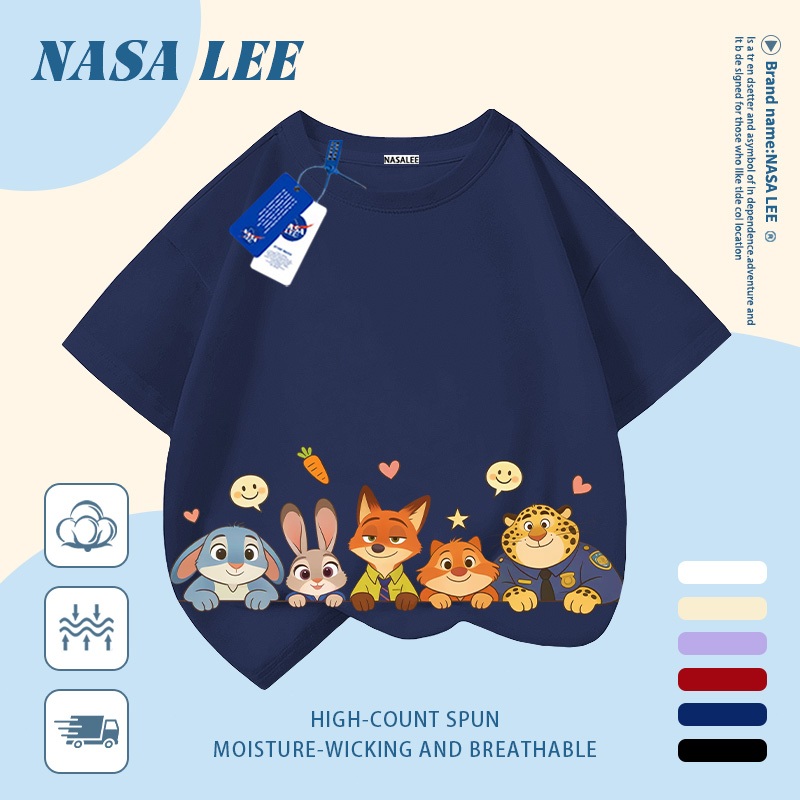 [Giao hàng trong ngày] Áo thun Cotton nguyên chất màu xanh hải quân cho trẻ em NASA Áo thun Cotton thoáng khí hoạt hình thành phố động vật in hợp thời trang 3-16 tuổi bé trai bé gái tay ngắn thông thường