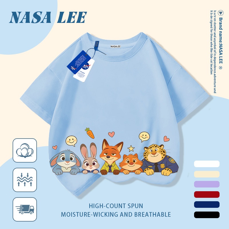 [Giao hàng trong ngày] Áo thun Cotton nguyên chất màu xanh hải quân cho trẻ em NASA Áo thun Cotton thoáng khí hoạt hình thành phố động vật in hợp thời trang 3-16 tuổi bé trai bé gái tay ngắn thông thường