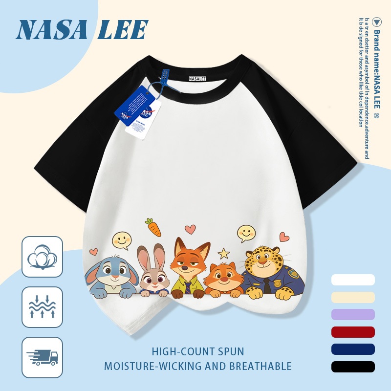 [Giao hàng trong ngày] Áo thun Cotton nguyên chất màu xanh hải quân cho trẻ em NASA Áo thun Cotton thoáng khí hoạt hình thành phố động vật in hợp thời trang 3-16 tuổi bé trai bé gái tay ngắn thông thường