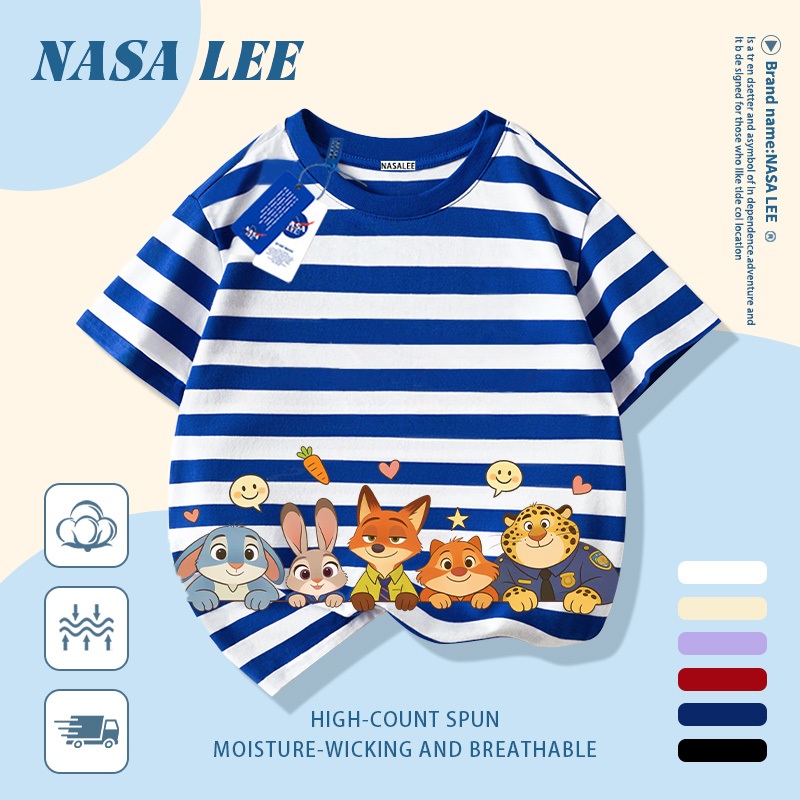 [Giao hàng trong ngày] Áo thun Cotton nguyên chất màu xanh hải quân cho trẻ em NASA Áo thun Cotton thoáng khí hoạt hình thành phố động vật in hợp thời trang 3-16 tuổi bé trai bé gái tay ngắn thông thường