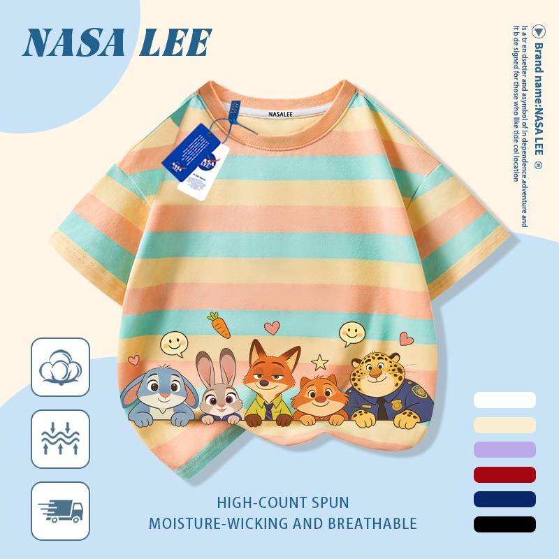 [Giao hàng trong ngày] Áo thun Cotton nguyên chất màu xanh hải quân cho trẻ em NASA Áo thun Cotton thoáng khí hoạt hình thành phố động vật in hợp thời trang 3-16 tuổi bé trai bé gái tay ngắn thông thường
