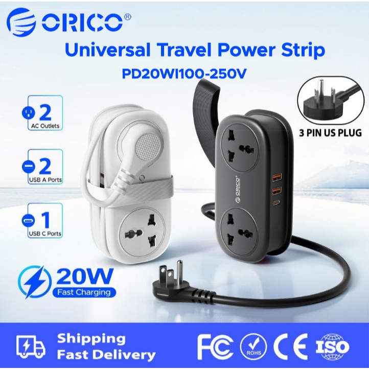 ORICO Universal Travel Power Strip PD20W Sạc nhanh 2AC Ổ cắm đa năng + 2USB-A + 1Type-C Dây nối dài có thể quấn di động Bộ chuyển đổi du lịch nhiều phích cắm