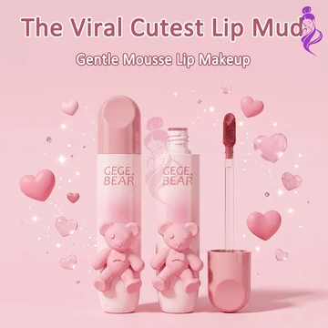 Son môi mờ kem, Velvet Mist Finish High Pigment Lip Mud, Lâu trôi không dính Lip Tint, 3D Fluffy Bear Design Lip Gloss