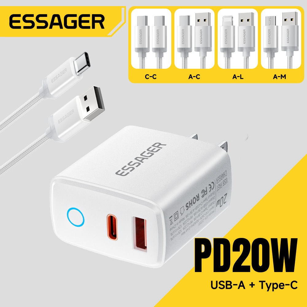 Bộ chuyển đổi sạc nhanh Essager 20W Cổng USB QC3.0 & Cáp 1 mét cho Micro / Type-C / iP