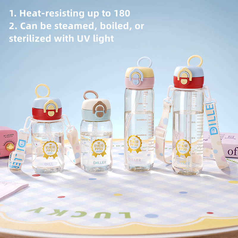 Bình nước Diller PPSU, chịu nhiệt 180°C, Không chứa BPA, Đầu kép, Chống rò rỉ, 380 / 520ml D2606
