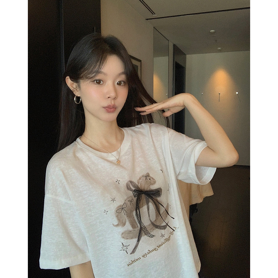 [BANKO] Phiên Bản Hàn Quốc Nữ Mùa Hè Mỏng Phong Cách Rời Ren Nơ Trojan Cổ Tròn In Hình Ngựa Áo Thun Tay Ngắn