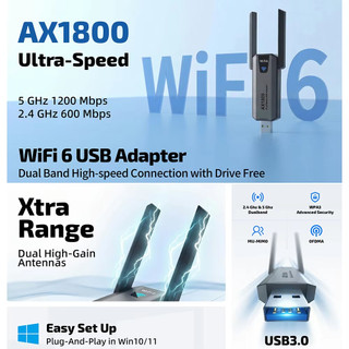 Bộ chuyển đổi WiFi 6 AX1800 USB 3.0 Băng tần kép 2.4G / 5Ghz 1800Mbps Bộ thu USB không dây Dongle Network Wi-Fi 6 cho máy tính xách tay Win10 / 11