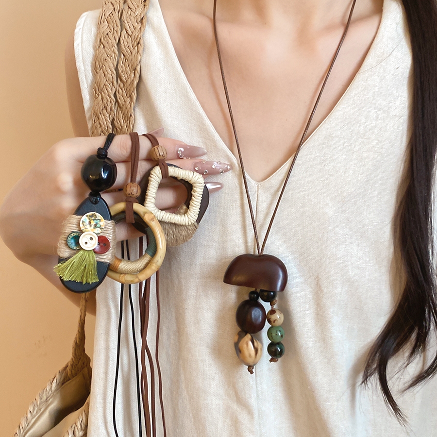 Ánh Sáng Sang Trọng 3 Phong Cách Retro Hạt Gỗ Tự Nhiên Vòng Tre Vải Lanh Tua Rua Áo Len Dài Dây Da Có Thể Điều Chỉnh Vintage Boho Gió Để Đi Lại Hàng Ngày Hẹn Hò Phù Hợp