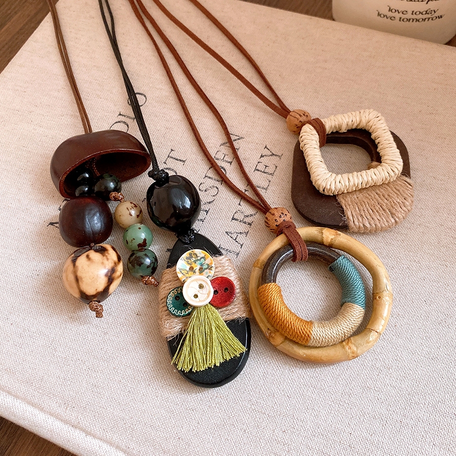 Ánh Sáng Sang Trọng 3 Phong Cách Retro Hạt Gỗ Tự Nhiên Vòng Tre Vải Lanh Tua Rua Áo Len Dài Dây Da Có Thể Điều Chỉnh Vintage Boho Gió Để Đi Lại Hàng Ngày Hẹn Hò Phù Hợp