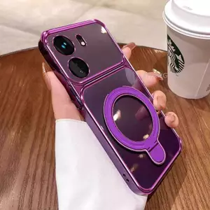 Ốp Lưng Cho POCO M6 5G Vỏ Điện Thoại Trong Suốt Mạ Điện Cửa Sổ Lớn Mới Với Thiết Kế Giá Đỡ Điện Thoại Rỗng Kim Loại Thẩm Mỹ