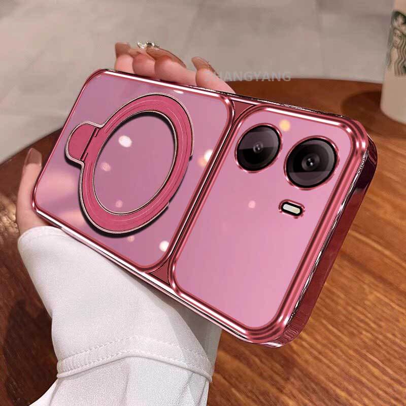 Ốp Lưng Cho POCO M7 4G Vỏ Điện Thoại Trong Suốt Mạ Điện Cửa Sổ Lớn Mới Với Thiết Kế Giá Đỡ Điện Thoại Rỗng Kim Loại Thẩm Mỹ