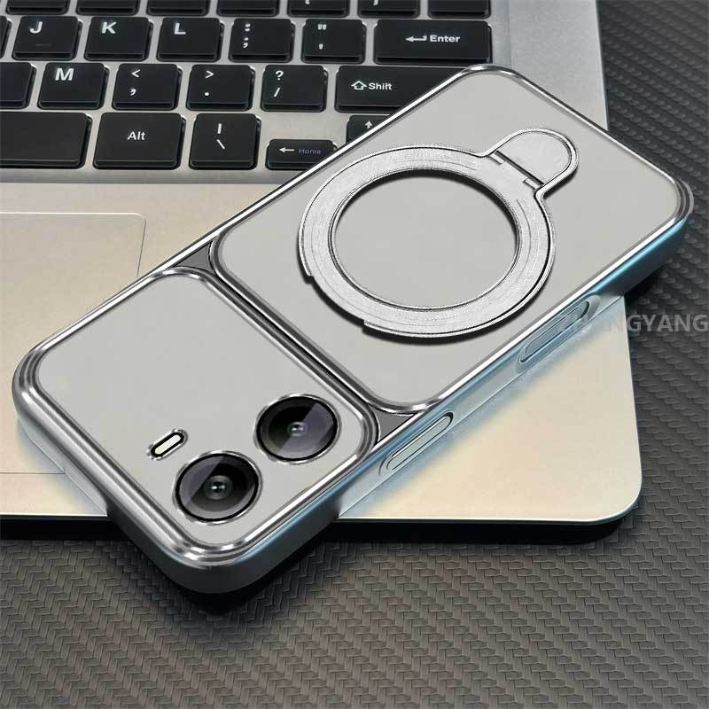 Ốp Lưng Cho POCO M7 4G Vỏ Điện Thoại Trong Suốt Mạ Điện Cửa Sổ Lớn Mới Với Thiết Kế Giá Đỡ Điện Thoại Rỗng Kim Loại Thẩm Mỹ